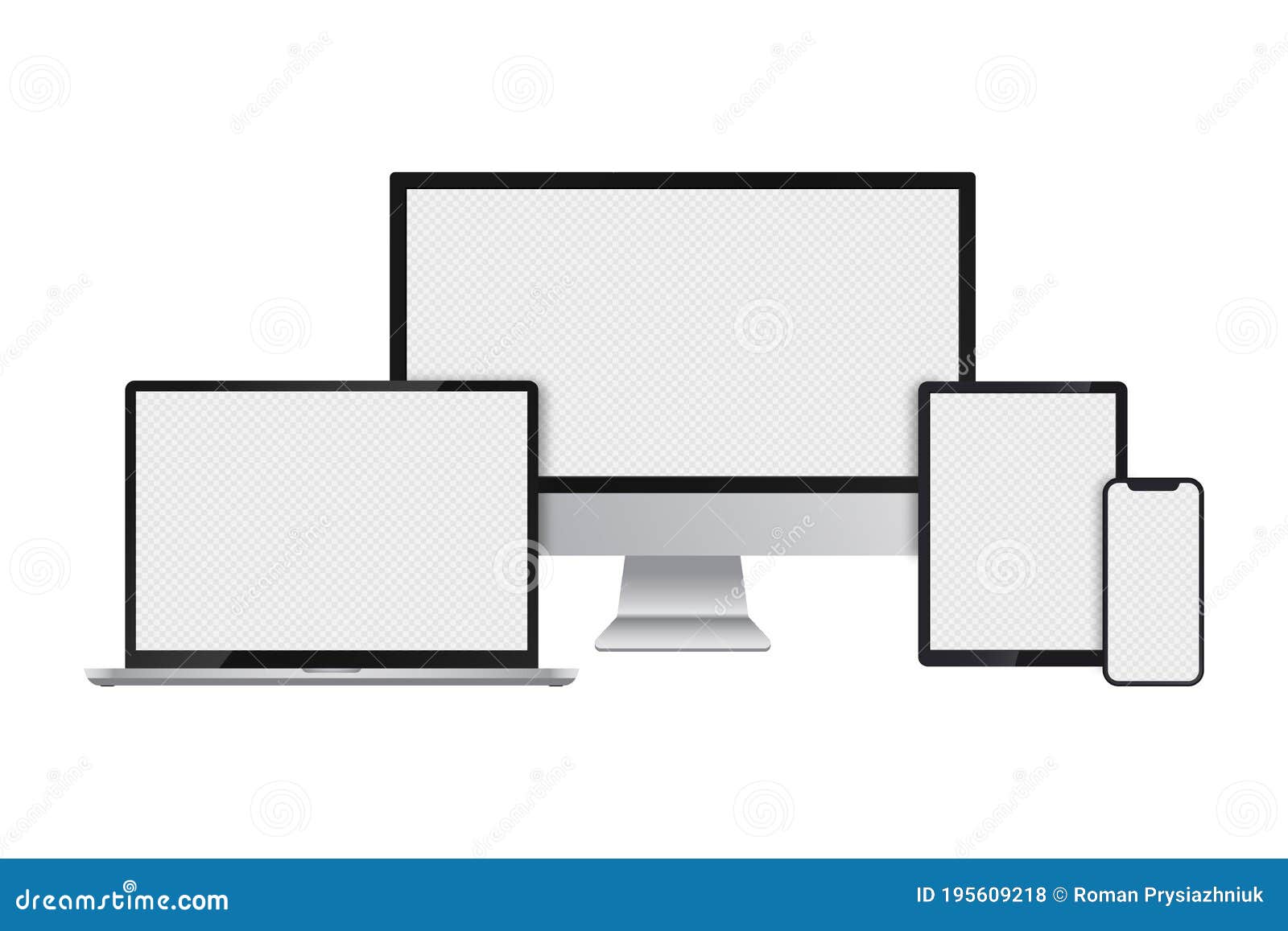 realistic set of computer monitor, laptop, tablet and smartphone with transparent screens for infographics or presentation.